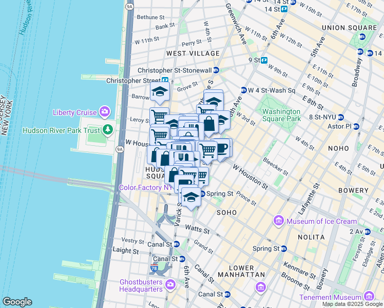 map of restaurants, bars, coffee shops, grocery stores, and more near in New York