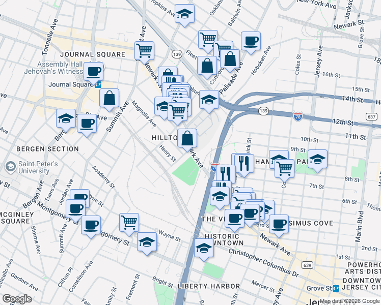 map of restaurants, bars, coffee shops, grocery stores, and more near 108 Waldo Avenue in Jersey City