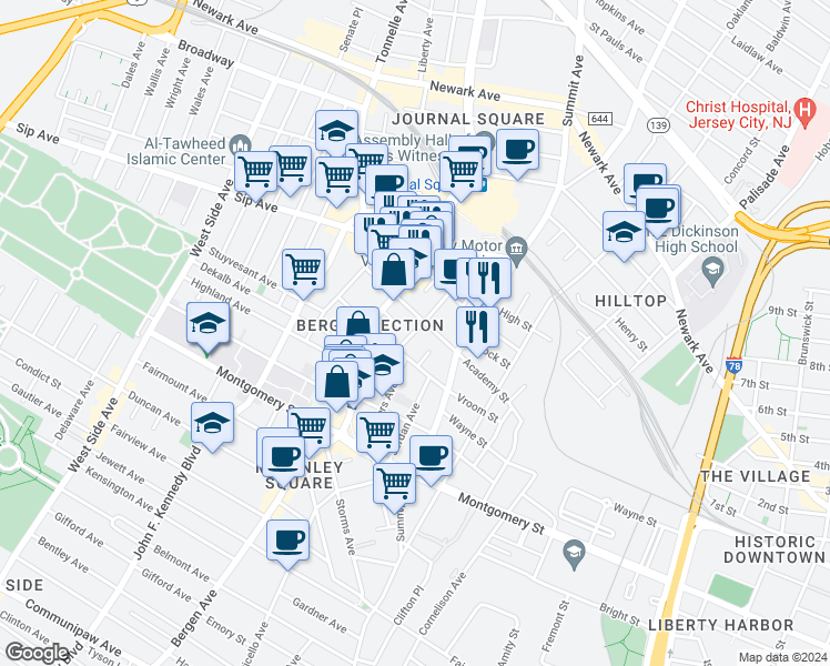 map of restaurants, bars, coffee shops, grocery stores, and more near 86 Tuers Avenue in Jersey City