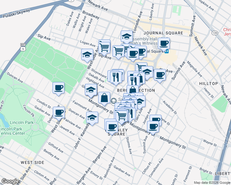 map of restaurants, bars, coffee shops, grocery stores, and more near 2684 John F. Kennedy Boulevard in Jersey City