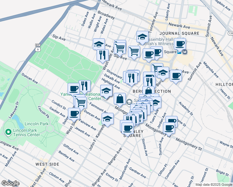 map of restaurants, bars, coffee shops, grocery stores, and more near 98 Glenwood Avenue in Jersey City