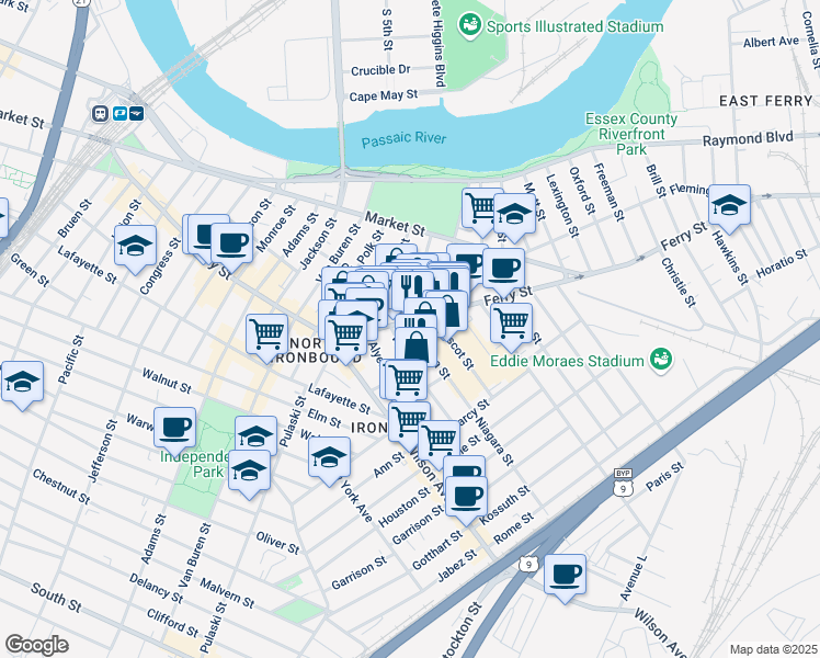 map of restaurants, bars, coffee shops, grocery stores, and more near 11 Niagara Street in Newark