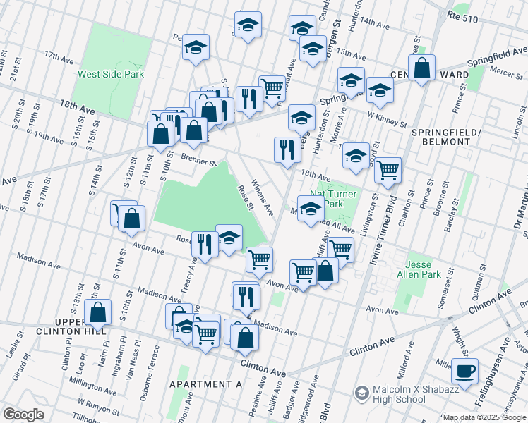 map of restaurants, bars, coffee shops, grocery stores, and more near 217 Rose Street in Newark