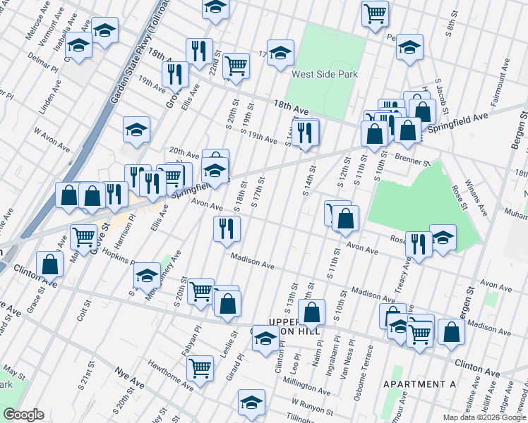 map of restaurants, bars, coffee shops, grocery stores, and more near 439 Avon Avenue in Newark