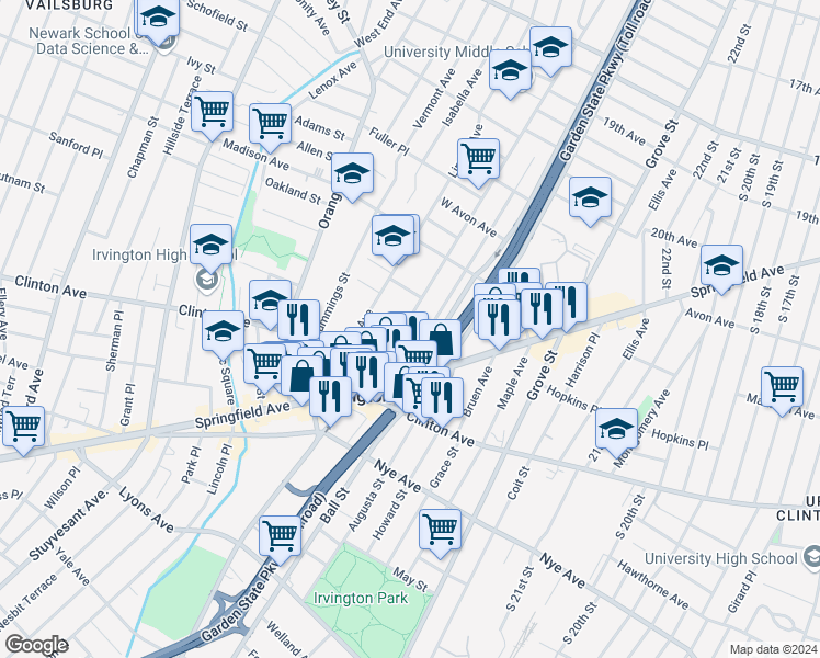 map of restaurants, bars, coffee shops, grocery stores, and more near 57 Washington Avenue in Irvington
