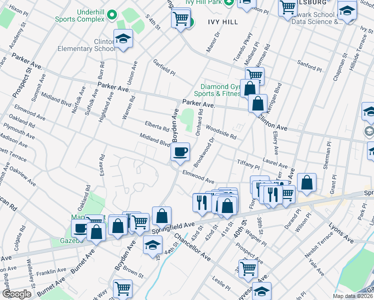 map of restaurants, bars, coffee shops, grocery stores, and more near 22 Orchard Road in Maplewood