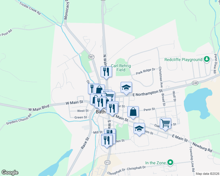 map of restaurants, bars, coffee shops, grocery stores, and more near 127 North Walnut Street in Bath