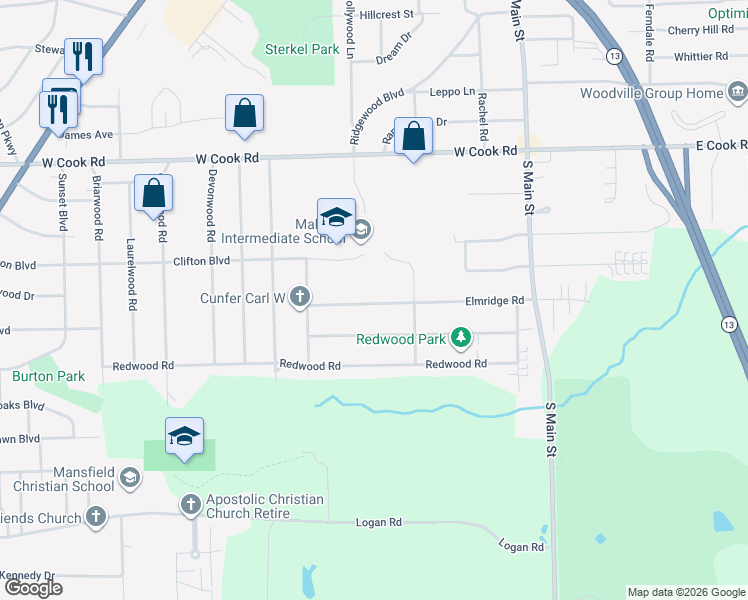 map of restaurants, bars, coffee shops, grocery stores, and more near 129 Elmridge Road in Mansfield