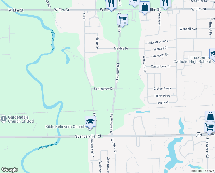 map of restaurants, bars, coffee shops, grocery stores, and more near 3301-3499 Spring View Drive in Lima