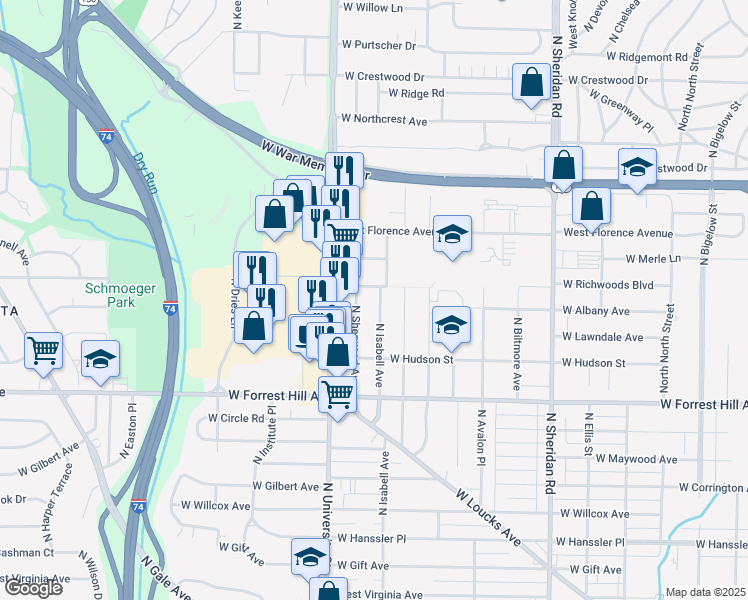 map of restaurants, bars, coffee shops, grocery stores, and more near 3308 North Sherwood Avenue in Peoria