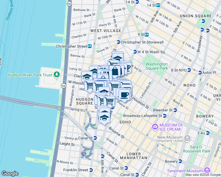 map of restaurants, bars, coffee shops, grocery stores, and more near 29 King Street in New York