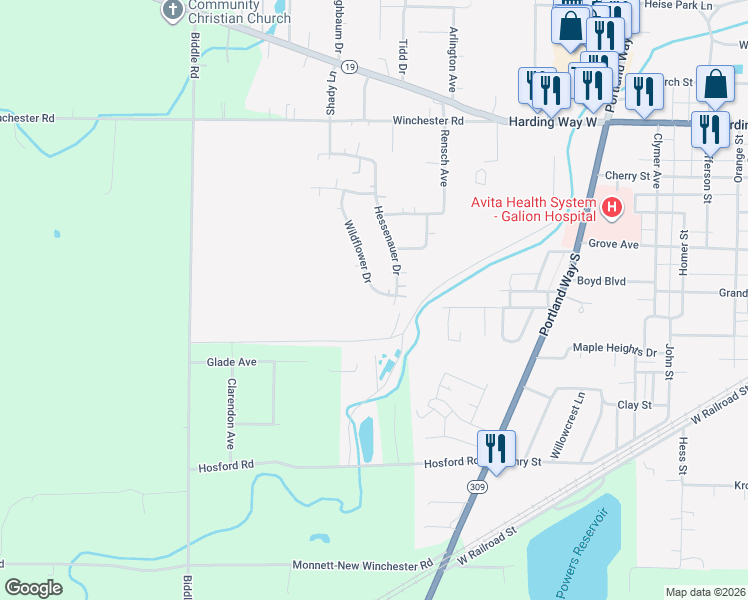 map of restaurants, bars, coffee shops, grocery stores, and more near 324 Wildflower Dr in Galion