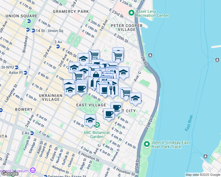 map of restaurants, bars, coffee shops, grocery stores, and more near 199 Avenue B in New York