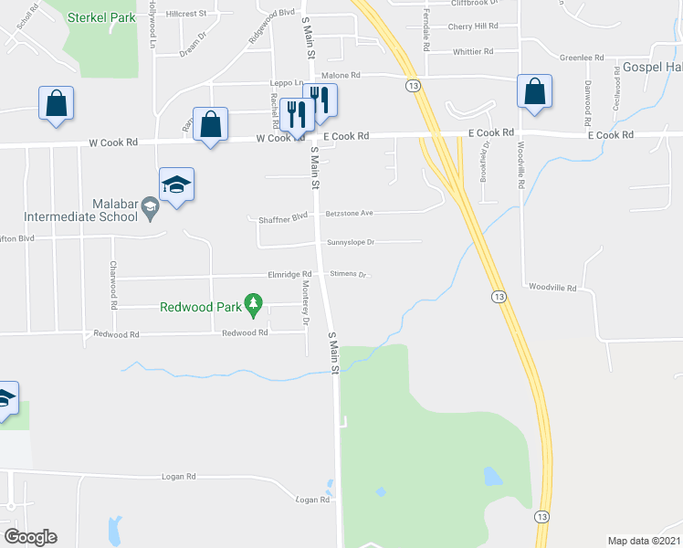 map of restaurants, bars, coffee shops, grocery stores, and more near 32 Stimens Drive in Mansfield