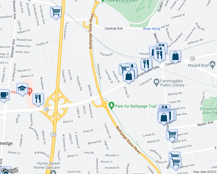 map of restaurants, bars, coffee shops, grocery stores, and more near 4 Val Page Street in Farmingdale