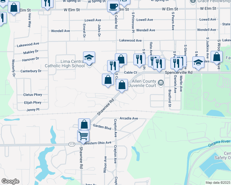 map of restaurants, bars, coffee shops, grocery stores, and more near 850 Shawnee Road in Lima