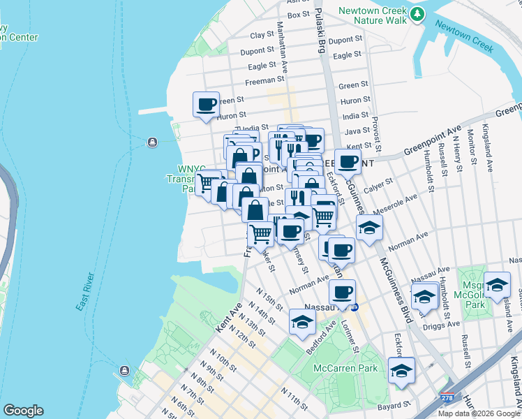 map of restaurants, bars, coffee shops, grocery stores, and more near 121 Oak Street in Brooklyn
