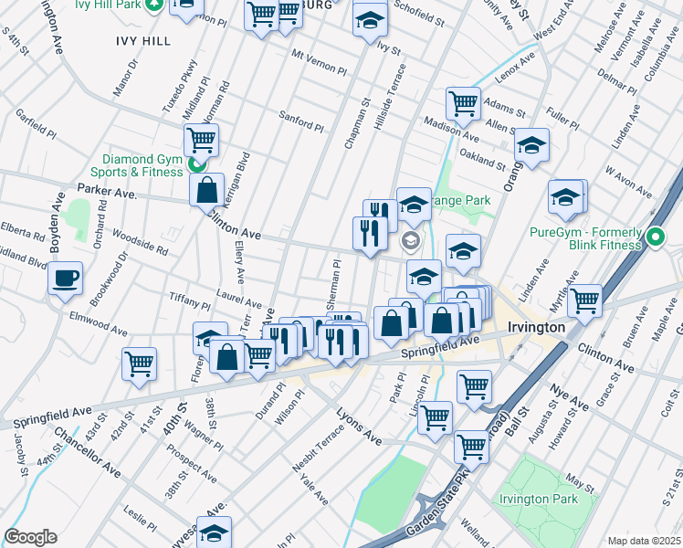 map of restaurants, bars, coffee shops, grocery stores, and more near 30 Sherman Place in Irvington