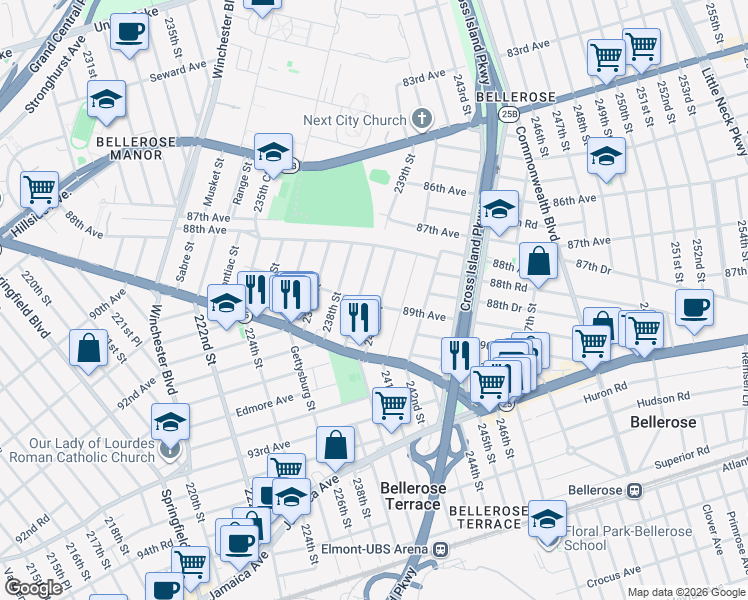 map of restaurants, bars, coffee shops, grocery stores, and more near 89-06 240th Street in Queens