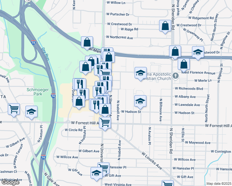 map of restaurants, bars, coffee shops, grocery stores, and more near 3308 North Sherwood Avenue in Peoria