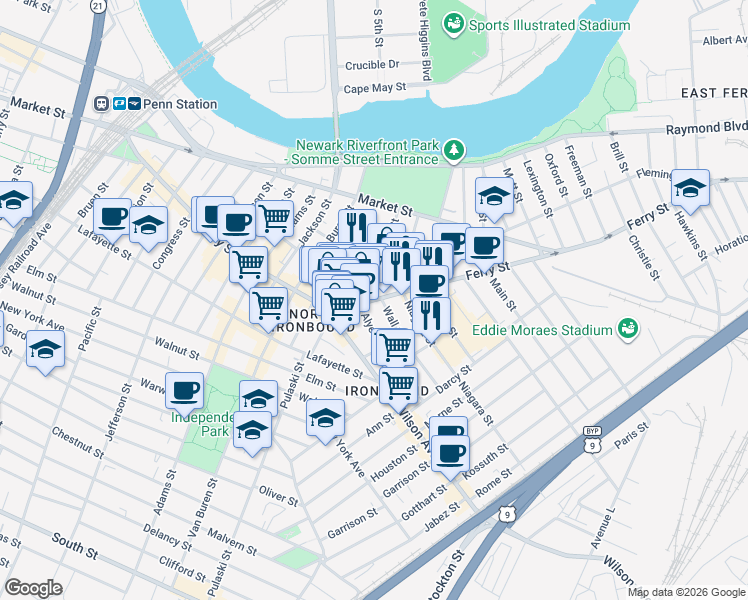 map of restaurants, bars, coffee shops, grocery stores, and more near Ferry Street & Ferguson Street in Newark