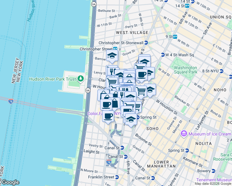 map of restaurants, bars, coffee shops, grocery stores, and more near 376 Hudson Street in New York