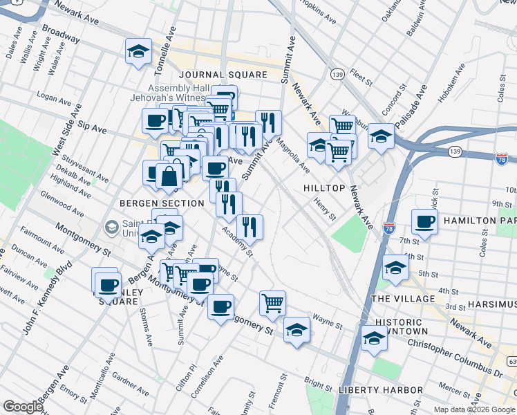 map of restaurants, bars, coffee shops, grocery stores, and more near 173 Baldwin Avenue in Jersey City