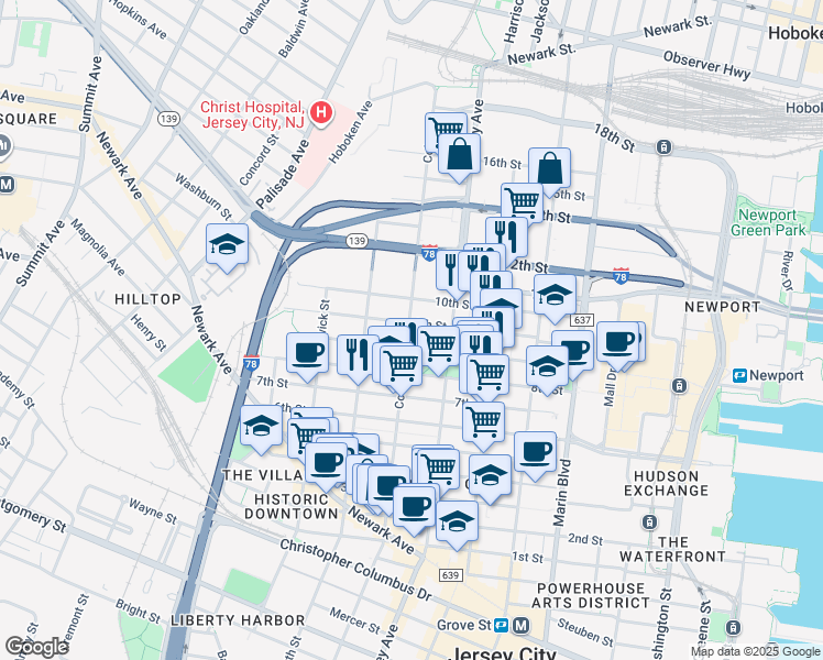 map of restaurants, bars, coffee shops, grocery stores, and more near 30 County Road 729 in Jersey City