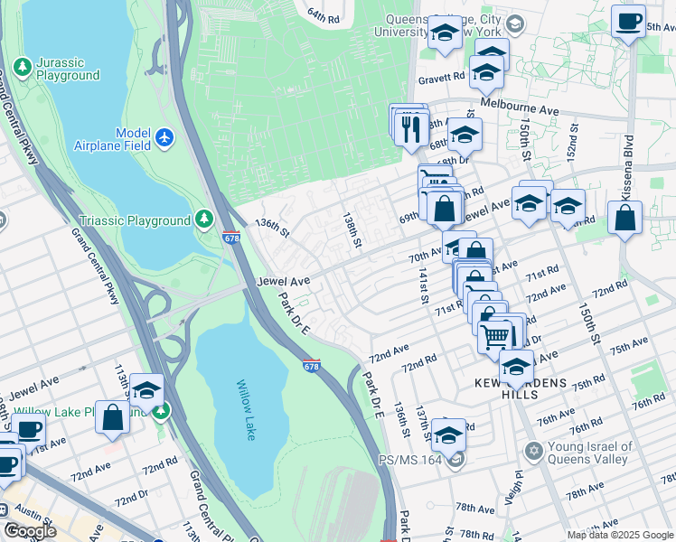 map of restaurants, bars, coffee shops, grocery stores, and more near 69-68 137th Street in Queens