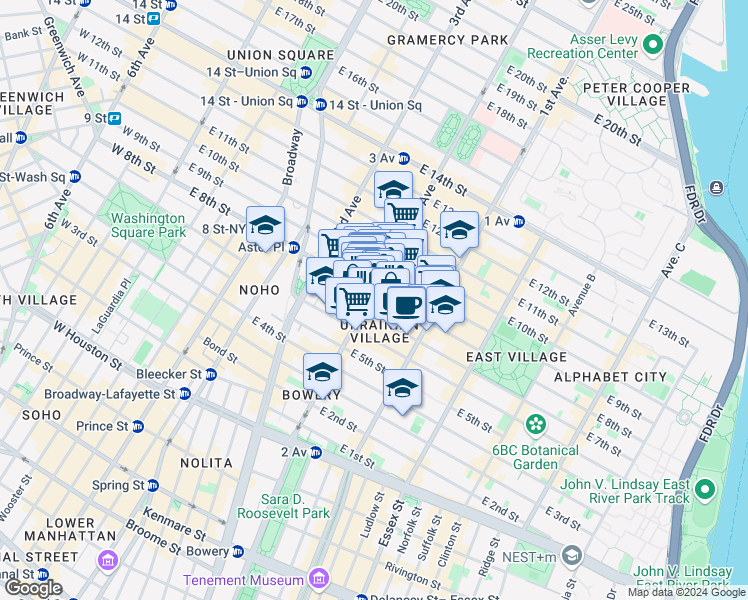 map of restaurants, bars, coffee shops, grocery stores, and more near 128 2nd Avenue in New York