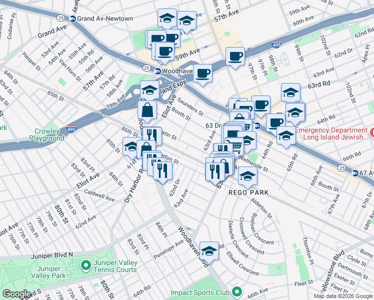 map of restaurants, bars, coffee shops, grocery stores, and more near 87-30 62nd Avenue in Queens