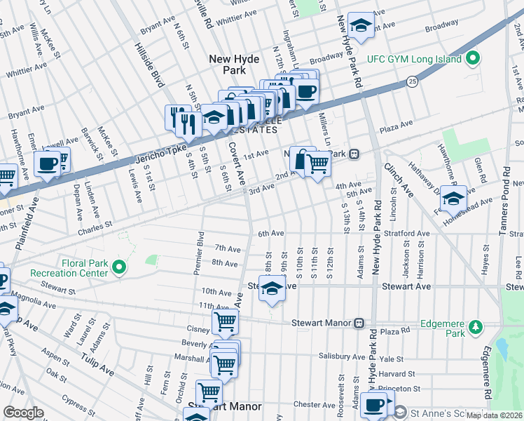 map of restaurants, bars, coffee shops, grocery stores, and more near 321 South 8th Street in New Hyde Park