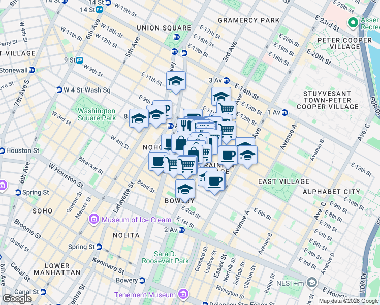 map of restaurants, bars, coffee shops, grocery stores, and more near 10 East 7th Street in New York