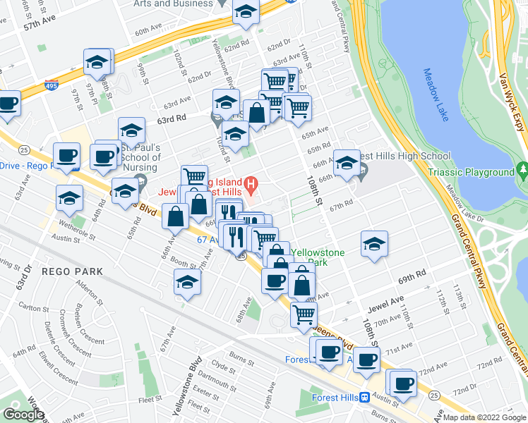 map of restaurants, bars, coffee shops, grocery stores, and more near 102-31 67th Avenue in Queens