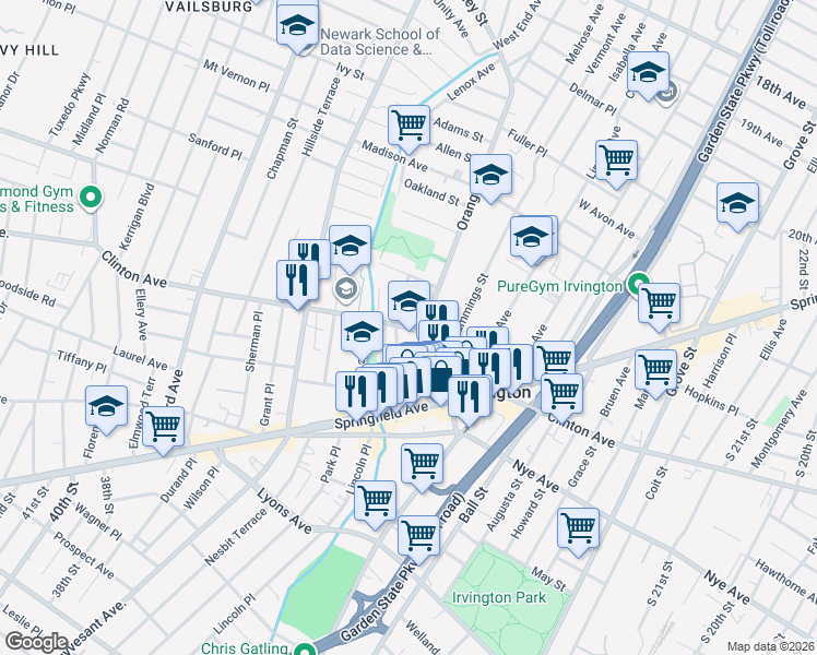 map of restaurants, bars, coffee shops, grocery stores, and more near 53 Orange Avenue in Irvington