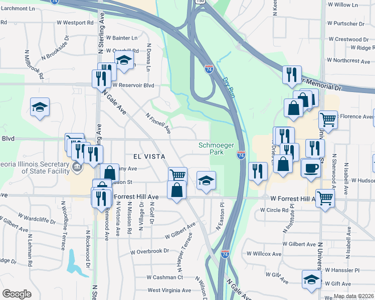 map of restaurants, bars, coffee shops, grocery stores, and more near 1920 West Albany Avenue in Peoria