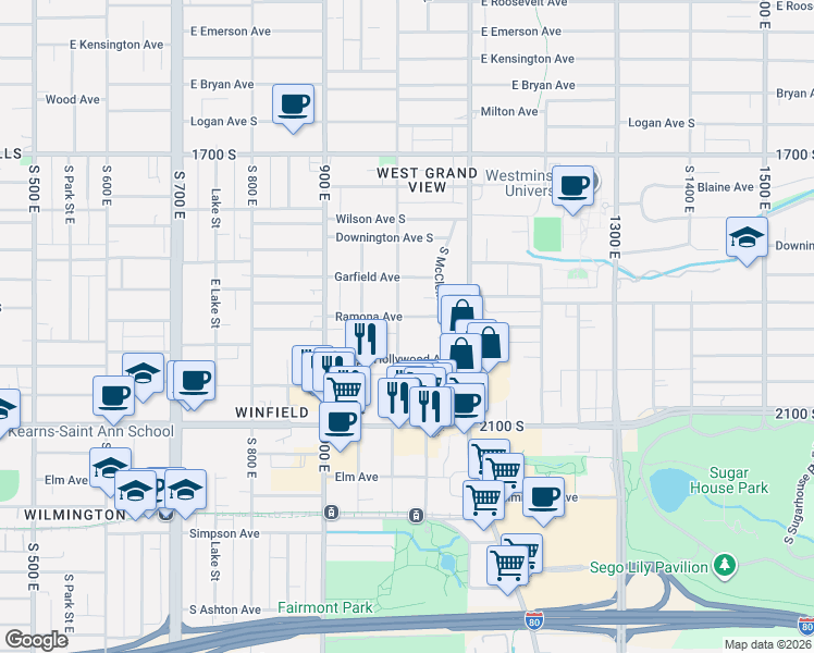 map of restaurants, bars, coffee shops, grocery stores, and more near 1938 South 1000 East in Salt Lake City