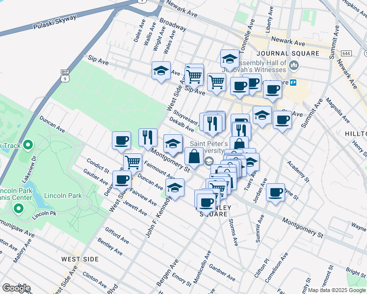 map of restaurants, bars, coffee shops, grocery stores, and more near 114 Glenwood Avenue in Jersey City
