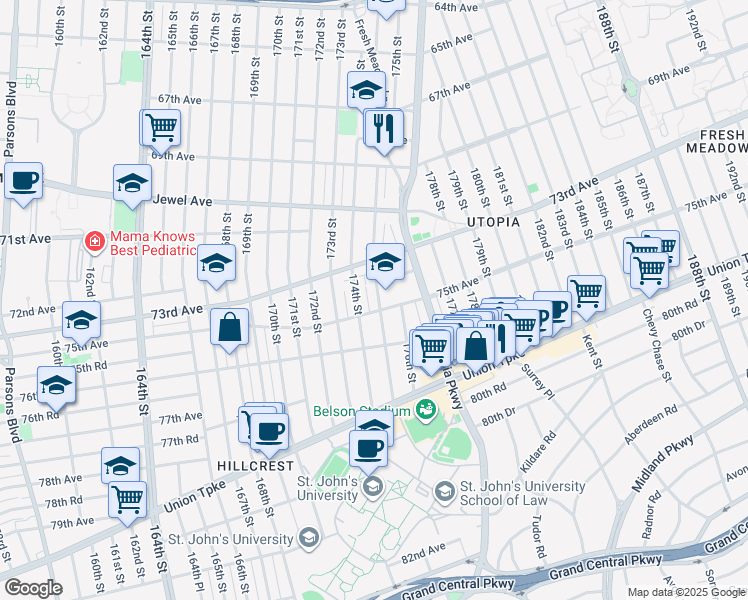 map of restaurants, bars, coffee shops, grocery stores, and more near 74-18 175th Street in Queens