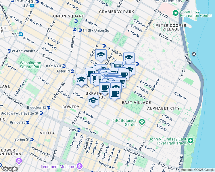 map of restaurants, bars, coffee shops, grocery stores, and more near 69 Saint Marks Place in New York