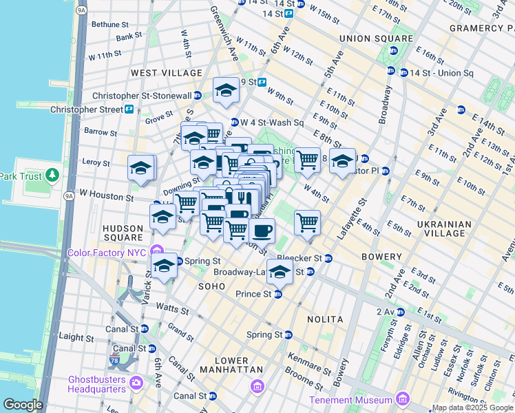 map of restaurants, bars, coffee shops, grocery stores, and more near 510 LaGuardia Place in New York