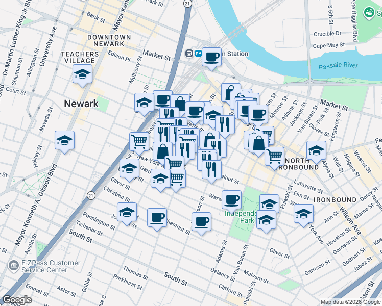 map of restaurants, bars, coffee shops, grocery stores, and more near 154 Elm Street in Newark