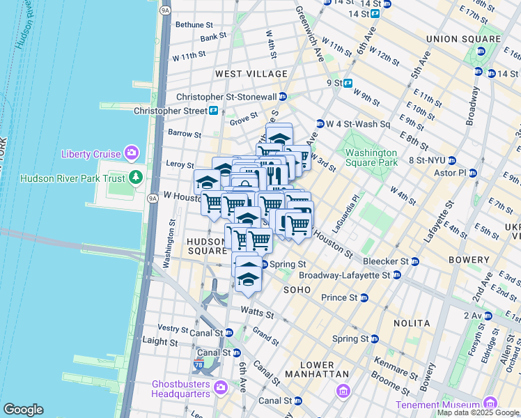 map of restaurants, bars, coffee shops, grocery stores, and more near 29 King Street in New York