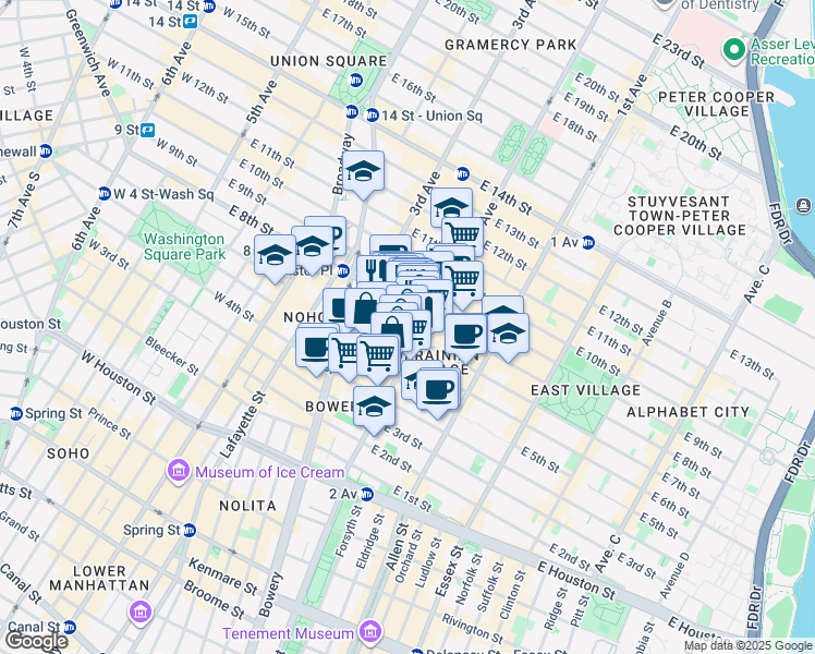 map of restaurants, bars, coffee shops, grocery stores, and more near 40 East 7th Street in New York