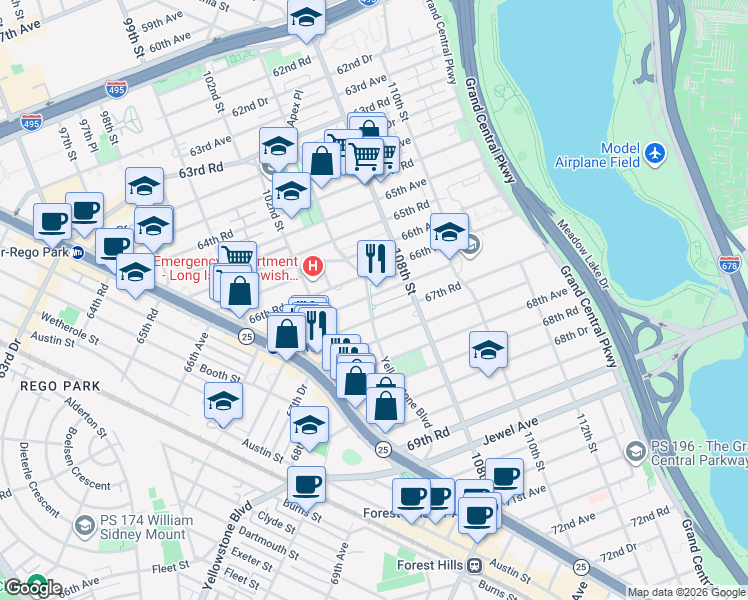 map of restaurants, bars, coffee shops, grocery stores, and more near 67-12 Yellowstone Boulevard in Queens