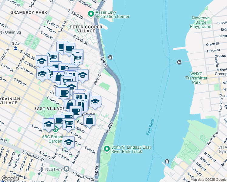 map of restaurants, bars, coffee shops, grocery stores, and more near 750 East 16th Street in New York