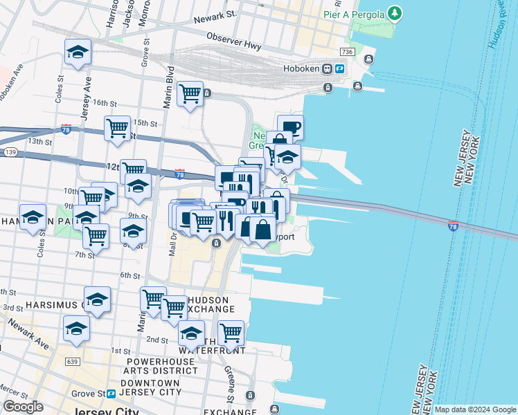 map of restaurants, bars, coffee shops, grocery stores, and more near 540 Washington Boulevard in Jersey City