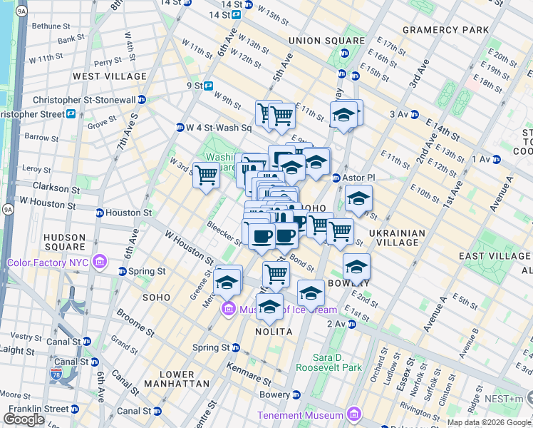 map of restaurants, bars, coffee shops, grocery stores, and more near 683 Broadway in New York