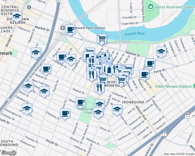 map of restaurants, bars, coffee shops, grocery stores, and more near 124 Adams Street in Newark