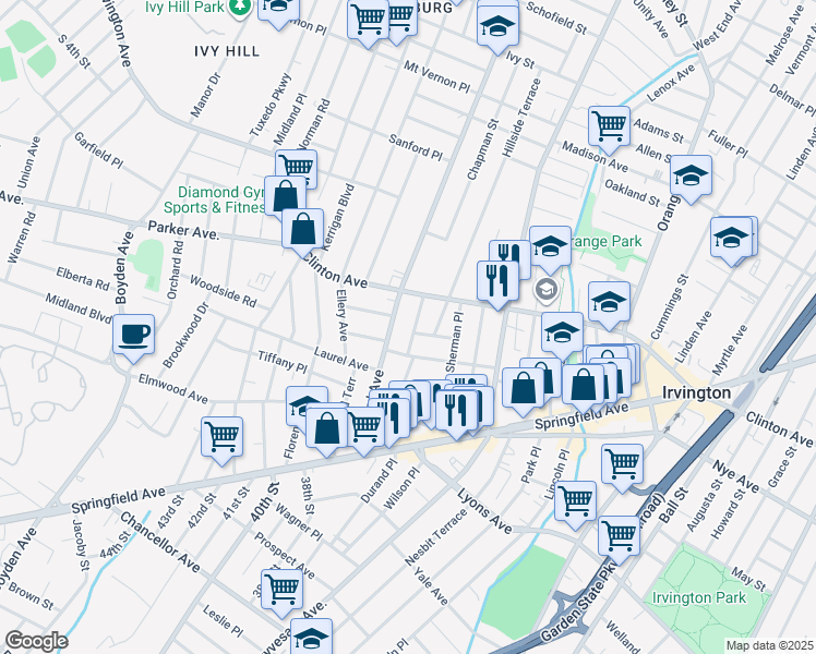 map of restaurants, bars, coffee shops, grocery stores, and more near in Irvington